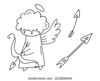 Set of cute hand-drawn doodle elements about love. Message stickers for apps. Icons for Valentines Day, romantic events and wedding. Cupid with a halo and wings, arrows and a bow.