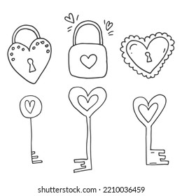 Set of cute hand-drawn doodle elements about love. Message stickers for apps. Icons for Valentines Day, romantic events and wedding. Heart-shaped locks and keys.