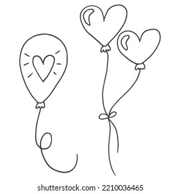 Set of cute hand-drawn doodle elements about love. Message stickers for apps. Icons for Valentines Day, romantic events and wedding. Balloons in the shape of hearts are flying.