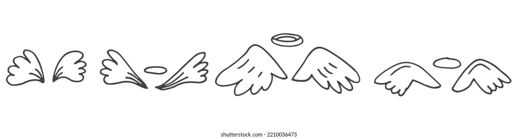 Set of cute hand-drawn doodle elements about love. Message stickers for apps. Icons for Valentines Day, romantic events and wedding. Wings of angels with halos.