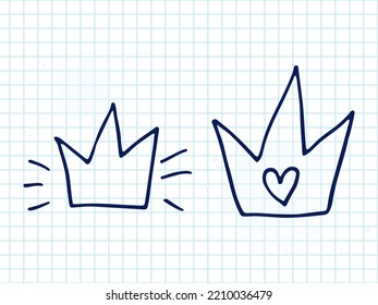 Set of cute hand-drawn doodle elements about love. Message stickers for apps. Icons for Valentines Day, romantic events and wedding. A checkered notebook. Shiny gold crowns with a heart.