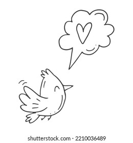 Set of cute hand-drawn doodle elements about love. Message stickers for apps. Icons for Valentines Day, romantic events and wedding. A bird sings a love song.