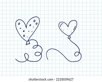 Set of cute hand-drawn doodle elements about love. Message stickers for apps. Icons for Valentines Day, romantic events and wedding. A checkered notebook. Balloons in the shape of hearts are flying.
