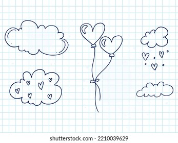 Set of cute hand-drawn doodle elements about love. Message stickers for apps. Icons for Valentines Day, romantic events and wedding. A checkered notebook. Balloons in the sky with clouds.