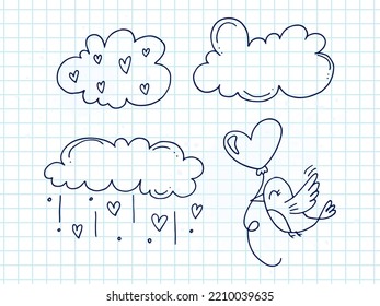 Set of cute hand-drawn doodle elements about love. Message stickers for apps. Icons for Valentines Day, romantic events and wedding. A checkered notebook. A bird with a balloon in the sky with clouds.