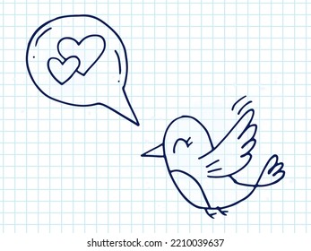 Set of cute hand-drawn doodle elements about love. Message stickers for apps. Icons for Valentines Day, romantic events and wedding. A checkered notebook. A bird sings a love song.