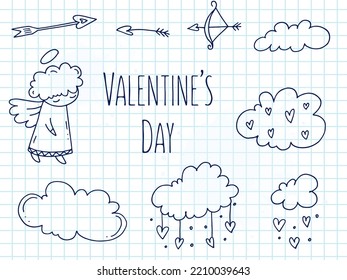 Set of cute hand-drawn doodle elements about love. Message stickers for apps. Icons for Valentines Day, romantic events and wedding. A checkered notebook. Cupid with a bow and arrow in the clouds.