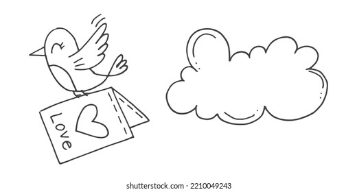 Set of cute hand-drawn doodle elements about love. Message stickers for apps. Icons for Valentines Day, romantic events and wedding. A bird with an envelope and a heart and a love letter.