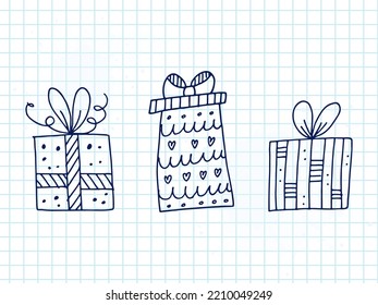 Set of cute hand-drawn doodle elements about love. Message stickers for apps. Icons for Valentines Day, romantic events and wedding. A checkered notebook. Gift boxes with ornaments, ribbons, bows.