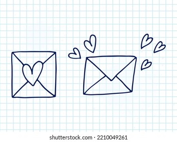 Set of cute hand-drawn doodle elements about love. Message stickers for apps. Icons for Valentines Day, romantic events and wedding. A checkered notebook. Envelopes with love letters and hearts.