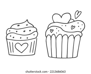 Set of cute hand-drawn doodle elements about love. Message stickers for apps. Icons for Valentines Day, romantic events and wedding. Cupcakes with hearts.