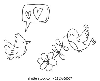 Set of cute hand-drawn doodle elements about love. Message stickers for apps. Icons for Valentines Day, romantic events and wedding. A bird sings a love song and her lover with a flower.