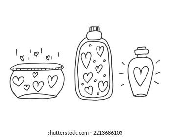 Set of cute hand-drawn doodle elements about love. Message stickers for apps. Icons for Valentines Day, romantic events and wedding. Jars with hearts and love potion.
