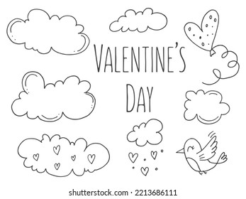 Conjunto de adorables elementos de doodle dibujados a mano sobre el amor. Etiquetas de mensajes para aplicaciones. Iconos para el Día de San Valentín, eventos románticos y bodas. Un pájaro con un globo en el cielo con nubes.