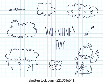 Set of cute hand-drawn doodle elements about love. Message stickers for apps. Icons for Valentines Day, romantic events and wedding. A checkered notebook. Cupid with a bow and arrow in the clouds.