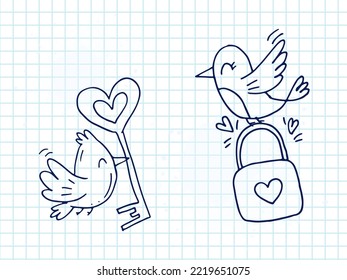Set of cute hand-drawn doodle elements about love. Message stickers for apps. Icons for Valentines Day, romantic events and wedding. A checkered notebook. Two birds with a lock and a key