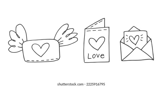 Set of cute hand-drawn doodle elements about love. Message stickers for apps. Icons for Valentines Day, romantic events and wedding. Envelopes with love letters and hearts with wings.