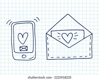 Set of cute hand-drawn doodle elements about love. Message stickers for apps. Icons for Valentines Day, romantic events and wedding. A checkered notebook. Envelopes with love letters and wings.