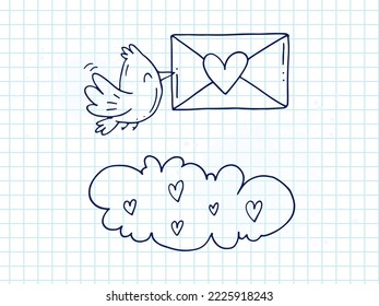 Set of cute hand-drawn doodle elements about love. Message stickers for apps. Icons for Valentines Day, romantic events and wedding. A checkered notebook. A bird with an envelope.