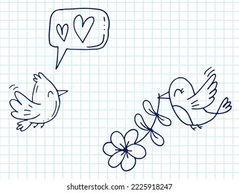 Set of cute hand-drawn doodle elements about love. Message stickers for apps. Icons for Valentines Day, romantic events and wedding. A checkered notebook. A bird sings a love song with a flower.