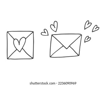 Set of cute hand-drawn doodle elements about love. Message stickers for apps. Icons for Valentines Day, romantic events and wedding. Envelopes with love letters and hearts with wings.