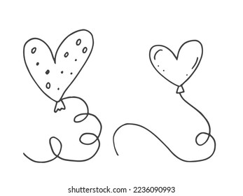 Set of cute hand-drawn doodle elements about love. Message stickers for apps. Icons for Valentines Day, romantic events and wedding. Balloons in the shape of hearts are flying.