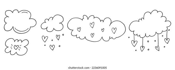 Set of cute hand-drawn doodle elements about love. Message stickers for apps. Icons for Valentines Day, romantic events and wedding. Clouds and rain from hearts.