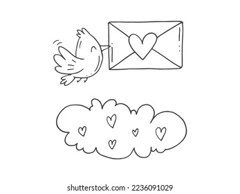 Set of cute hand-drawn doodle elements about love. Message stickers for apps. Icons for Valentines Day, romantic events and wedding. A bird with an envelope and a heart and a love letter with cloud.