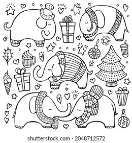 Set of cute hand-drawn elephants and Christmas elements isolated on white background.