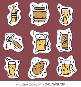 Set of cute handdrawn flat doodle beer stickers 