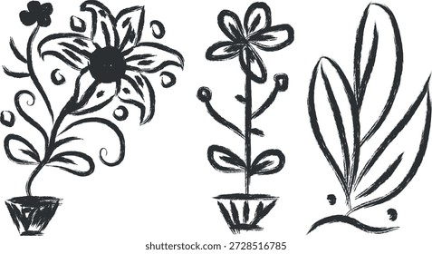 Set of cute hand-drawn flower doodles in pots isolated on white background creative design
