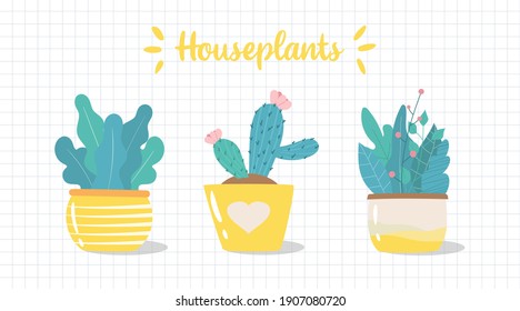 Set of cute hand-drawn houseplants. Potted plants collection. Vector illustration of plants in yellow pots. Icons of decorative plants in Scandinavian style.