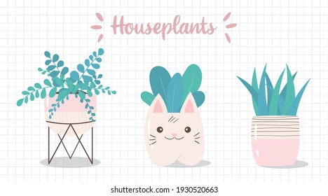 Conjunto de lindas plantas de hogar dibujadas a mano. Colección de plantas cultivadas. Ilustración vectorial de plantas en macetas rosas. Iconos de plantas decorativas al estilo escandinavo.