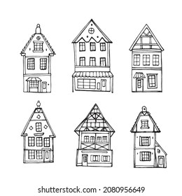 Set of cute hand-drawn houses. Vector stock illustration.