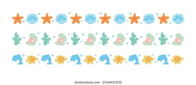 Un conjunto de preciosas ilustraciones hechas a mano bordea el concepto de mar de verano. Las ballenas, los peces, las algas, las estrellas de mar, las conchas, las perlas y los objetos de coral se repiten de forma continua.