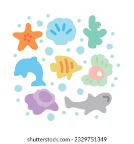 A set of cute hand-drawn illustration with the concept of summer sea. Whales, fish, seaweed, starfish, shells, pearls, coral.