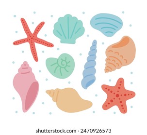 A set of cute hand-drawn illustration with the concept of summer sea. Whales, fish, seaweed, starfish, shells, pearls, coral.