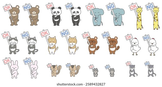 A set of cute hand-drawn illustrations of animals holding OK and NG signs