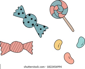 A set of cute hand-drawn illustrations of candy