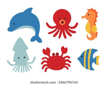 Eine Reihe von niedlichen handgezeichneten Illustrationen mit dem Konzept des Sommermeeres. Set von Meereslebewesen wie Wal, Fisch, Oktopus, Seepferdchen, Krabbe und Tintenfisch.