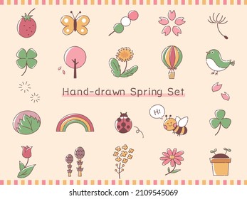 A set of cute hand-drawn illustrations of spring flowers and food