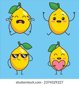 set cute handdrawn lemons smiling crying holding heart wearing sunglasses vector design illustration