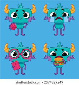 set cute handdrawn little monsters crying holding ball eating burger wearing glasses vector design illustration