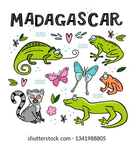 Set Of Cute Handdrawn Madagascar Animals. Frog, Chameleon, Butterfly, Gekko, Lemur. Hand Drawn Vector Illustration With Design Elements And Lettering.