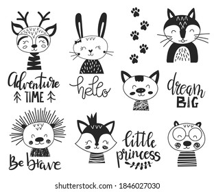 Set of cute handdrawn monochrome animals in scandinavian style with inspiration lettering. Vector illustration in doodle style. Deer, hedgehog, fox, wolf, bunny, bear for posters, stickers and cards