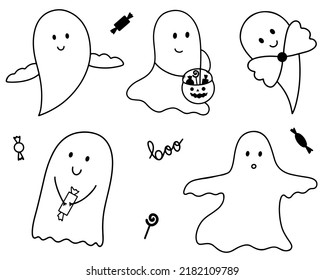 A set of cute hand-drawn outline ghosts with different elements. Doodle style
