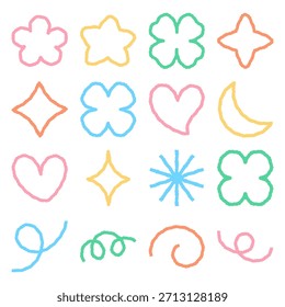 Set of cute hand-drawn outline shape elements and icons with rough textured lines for a playful, organic look. Includes flower, star, clover, diamond, heart, moon, and swirl elements