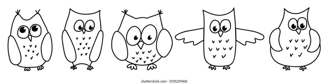 Set of cute hand-drawn owls in doodle style. Monochrome vector outline illustration isolated on white background.