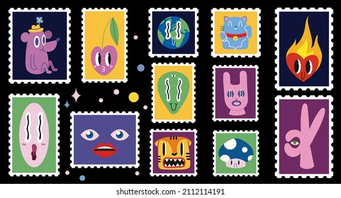 Set of cute hand-drawn post stamps, funny comic characters. Trendy modern vector illustartions in Cartoon Flat design. Mail and post office conceptual drawing. Sticker style.