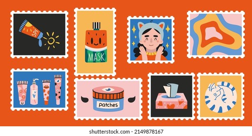 Set of cute hand-drawn post stamps, funny characters and cosmetic products. Trendy modern vector illustartions in Cartoon Flat design. Mail and post office conceptual drawing. Sticker style.